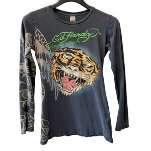 Ed Hardy by Christian Audigier - Navy Long Sleeved T-Shirt - Tiger - Size M